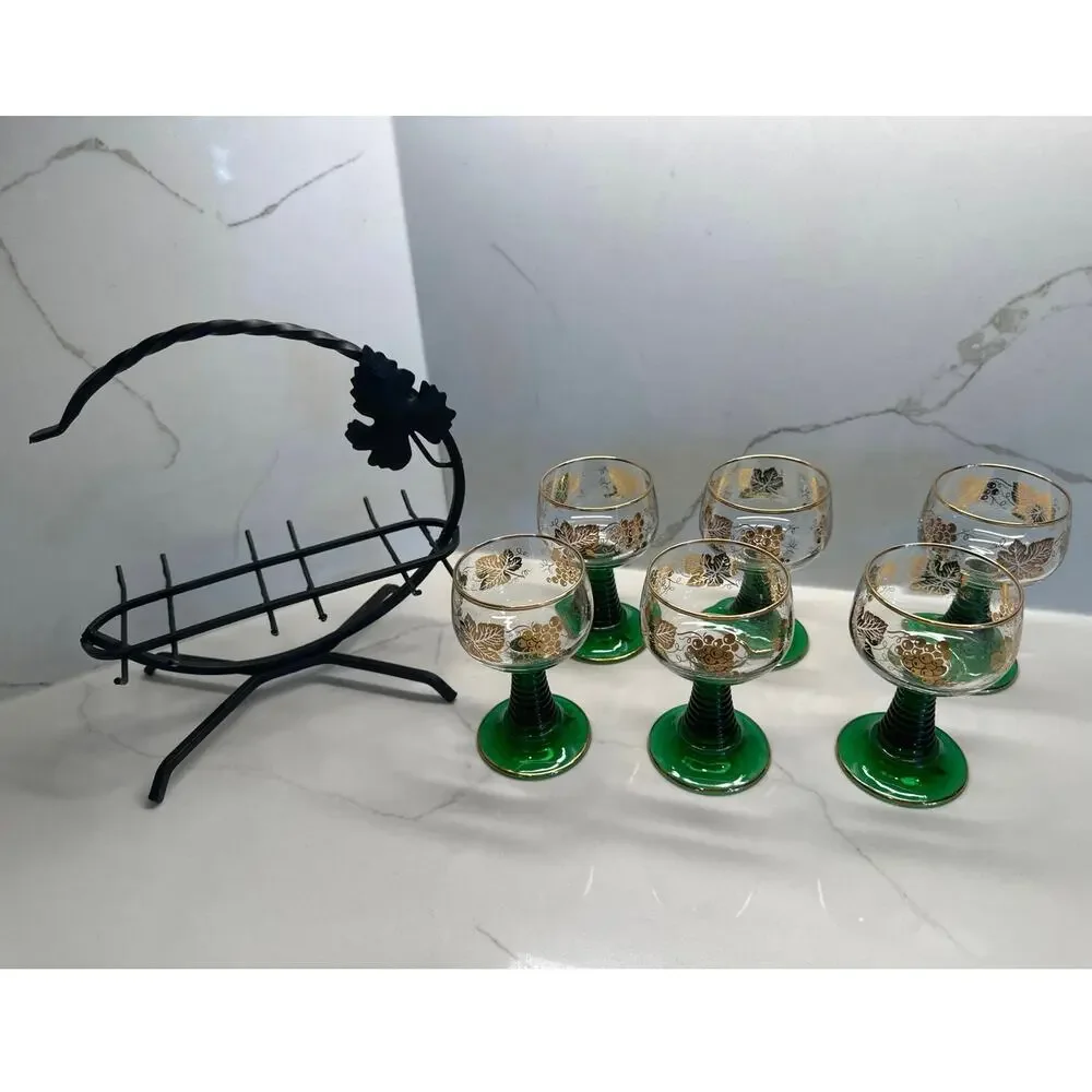 Set 6 Roemer Bockling Green Stem Trim Wine Glasses Wrought Iron Rack Germany